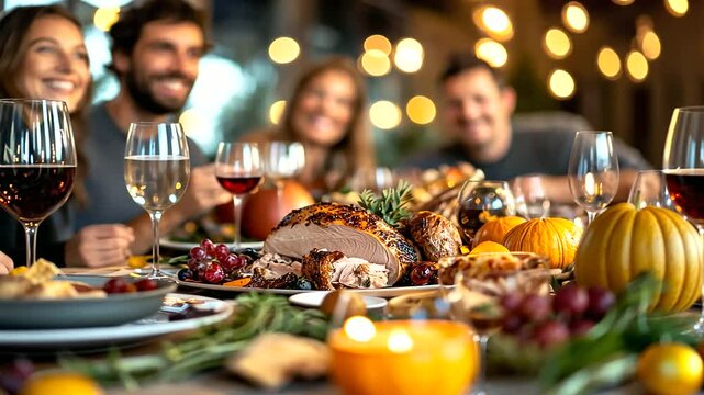 A diverse group of friends exchanging stories and traditions over a Thanksgiving feast, celebrating cultural diversity and friendship.