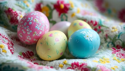 Fototapeta premium easter eggs resting on a floral blanket