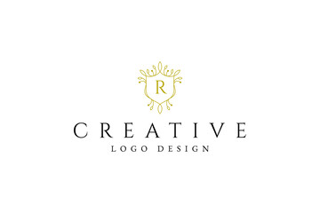 Royalty crown shield symbol emblem luxury line art vector design Logo Illustration.