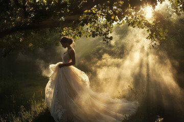 A woman in a wedding dress stands gracefully in a sunlit forest, enveloped by golden rays and mist, creating a magical and serene ambiance.