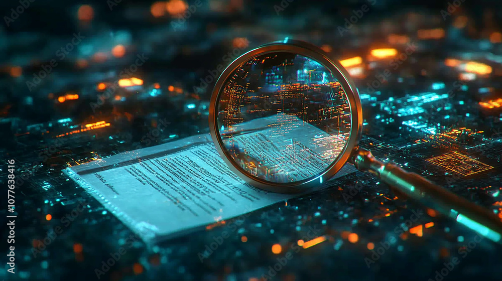 Poster microchip under magnification. computer board. microelectronics background. blue pcb under magnifyin