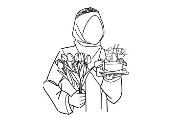 a drawing of a woman holding a cake with tulips