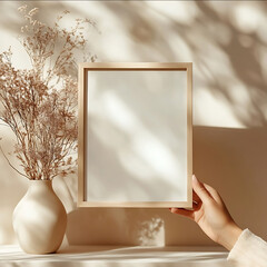 A mockup of a minimalistic A4 frame A womans hand holding the wooden A4 frame visible danish pastel aesthetic in the room ultra realistic real life natural light pho