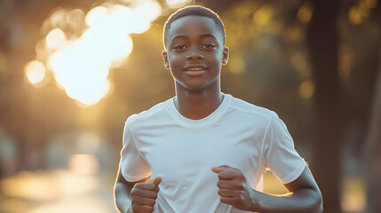 A young man is running in a park with the sun shining on him