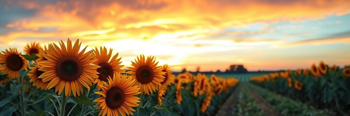 Fototapeta premium Vibrant sunflowers in full bloom against a colorful sunset sky in an agriculture field, harvest, rays, growth