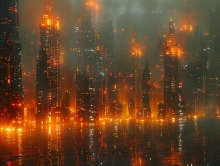 Neon Cityscape: Futuristic Urban Landscape with Glowing Lights and Water Reflections