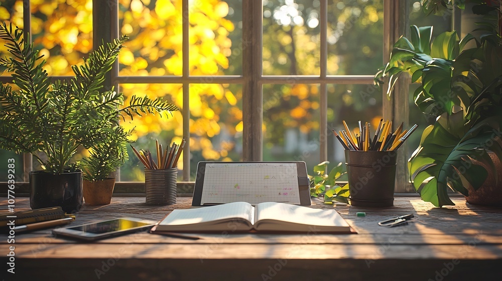 Aufkleber minimalist and modern creative workspace with an open notebook art supplies and a digital tablet sho
