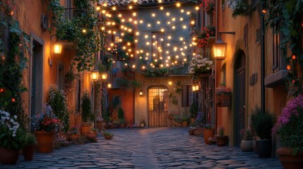 Fototapeta premium Charming Cobblestone Alleyway Illuminated by String Lights at Dusk