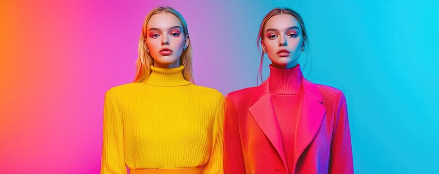 Two models pose in vibrant fashion, showcasing bold colors against a striking gradient background.