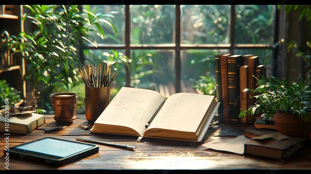 Aufkleber of an inspiring creative workspace with an open notebook various art supplies and a digital tablet s