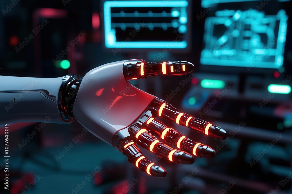 Poster a futuristic robotic hand with glowing elements is displayed, set against a backdrop of high-tech sc