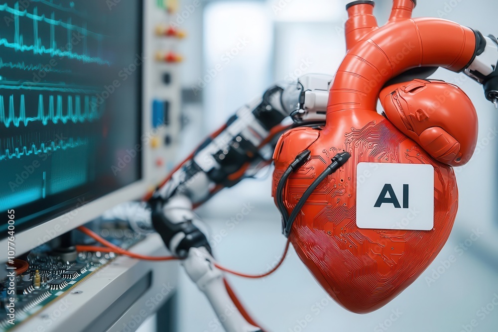 Poster a robotic arm holds a red heart labeled 