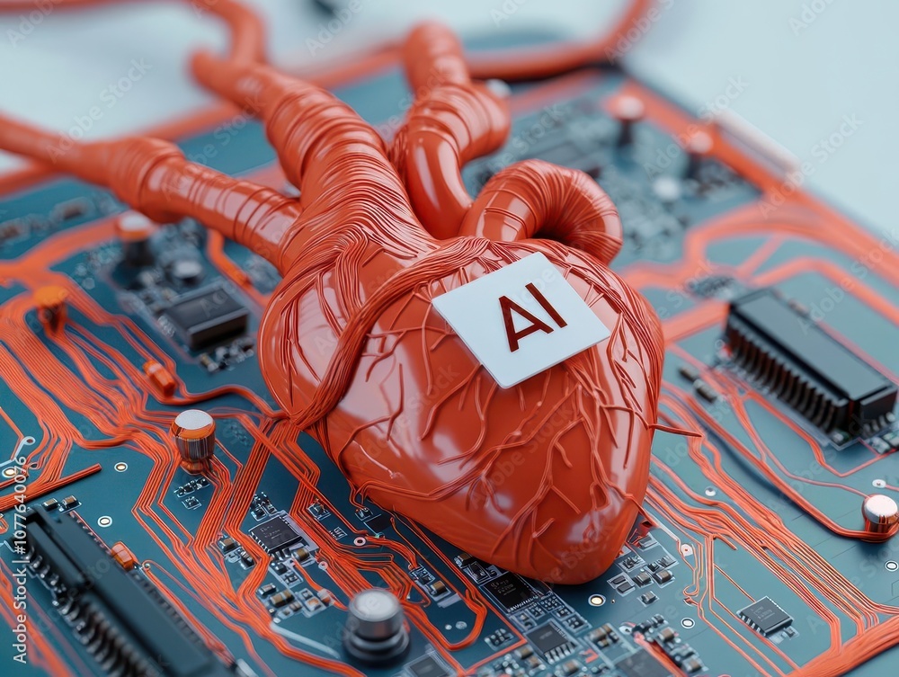 Poster a vibrant red artificial heart sits atop a circuit board, symbolizing the fusion of technology and a