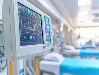 Fototapeta premium A digital monitor displays vital health information in a modern hospital room with beds and medical equipment in the background.