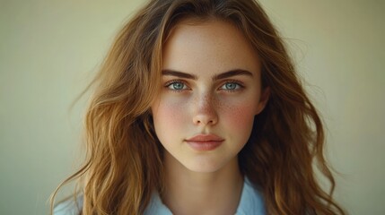 Naklejka premium Stunning Portrait of a Young Woman with Natural Beauty and Freckles