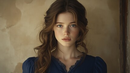 Fototapeta premium Captivating Portrait of a Young Woman with Freckles and Natural Beauty