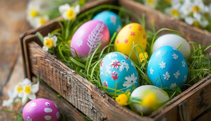 Fototapeta premium easter eggs in a rustic wooden crate
