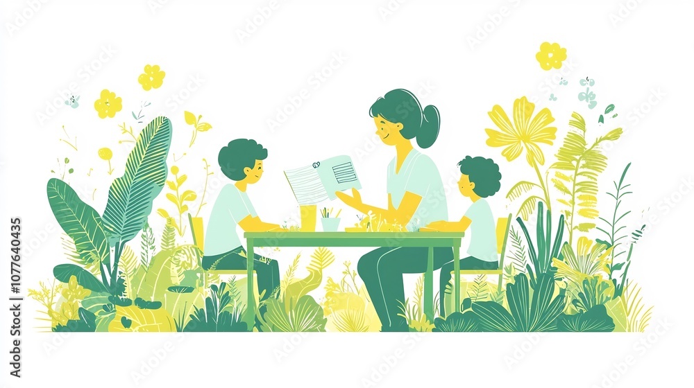 Poster supportive and engaged teacher guiding a small group of students around a table filled with educatio