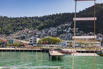 View of a tourist catamaran boat in the bay of Angra dos Reis, state of Rio de Janeiro, Brazil,...