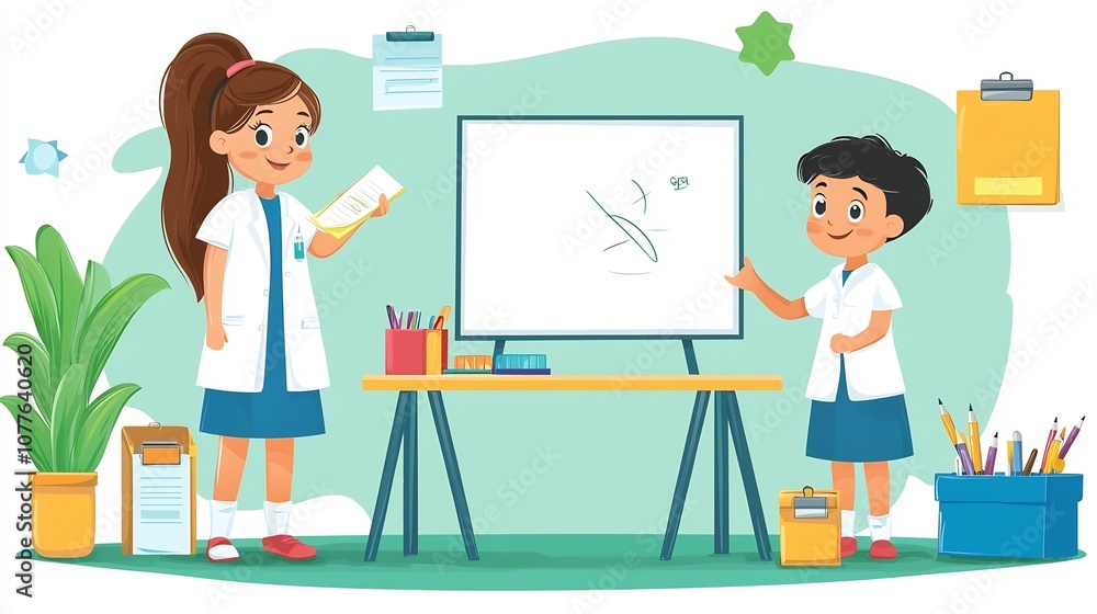 Poster tutor using whiteboard to explain educational concepts to young student at study desk surrounded by 