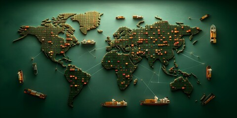 Expansive AI Powered Global Logistics Visualization Depicting Sleek Futuristic Rendering of World Map Overlaid with Intricate Supply Chain Networks and Container Ships Traversing the Oceans