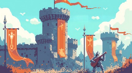 A medieval castle with a bard playing music