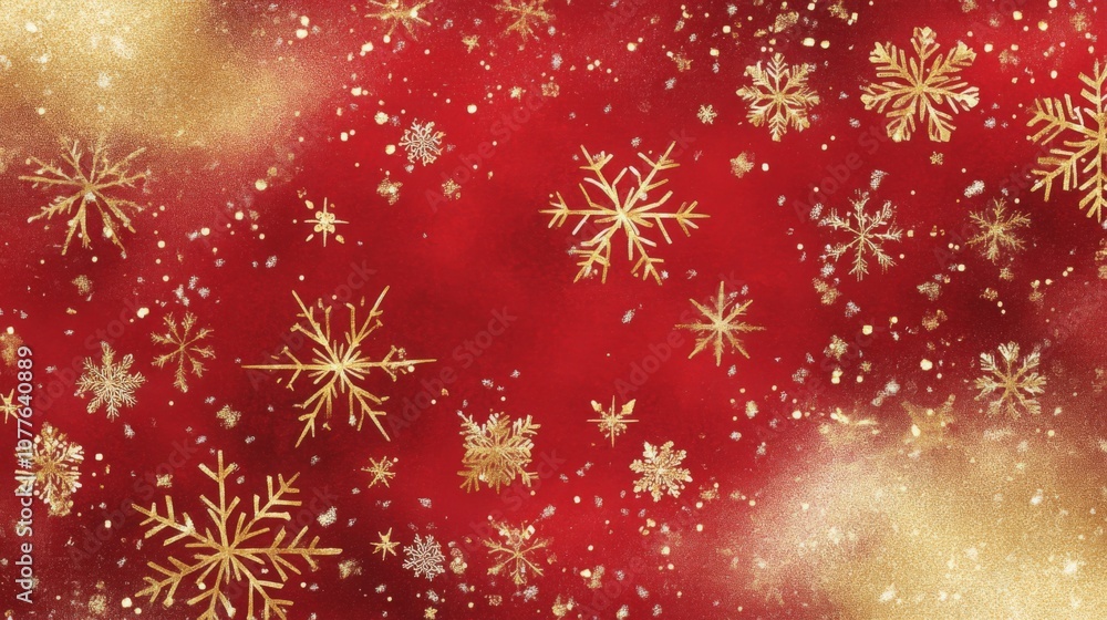 Poster A vibrant red backdrop features shimmering gold snowflakes of various sizes, creating a festive atmosphere perfect for celebrating the winter holiday season and evoking feelings of joy and warmth.