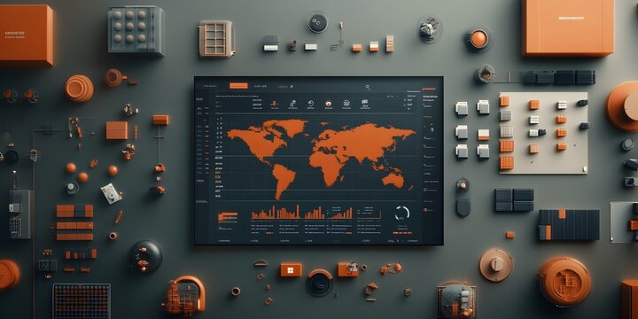 Panoramic View of a State of the Art Logistics Hub with Real Time Data Analytics Dashboard Driving Innovations in International Trade and Supply Chain Efficiency