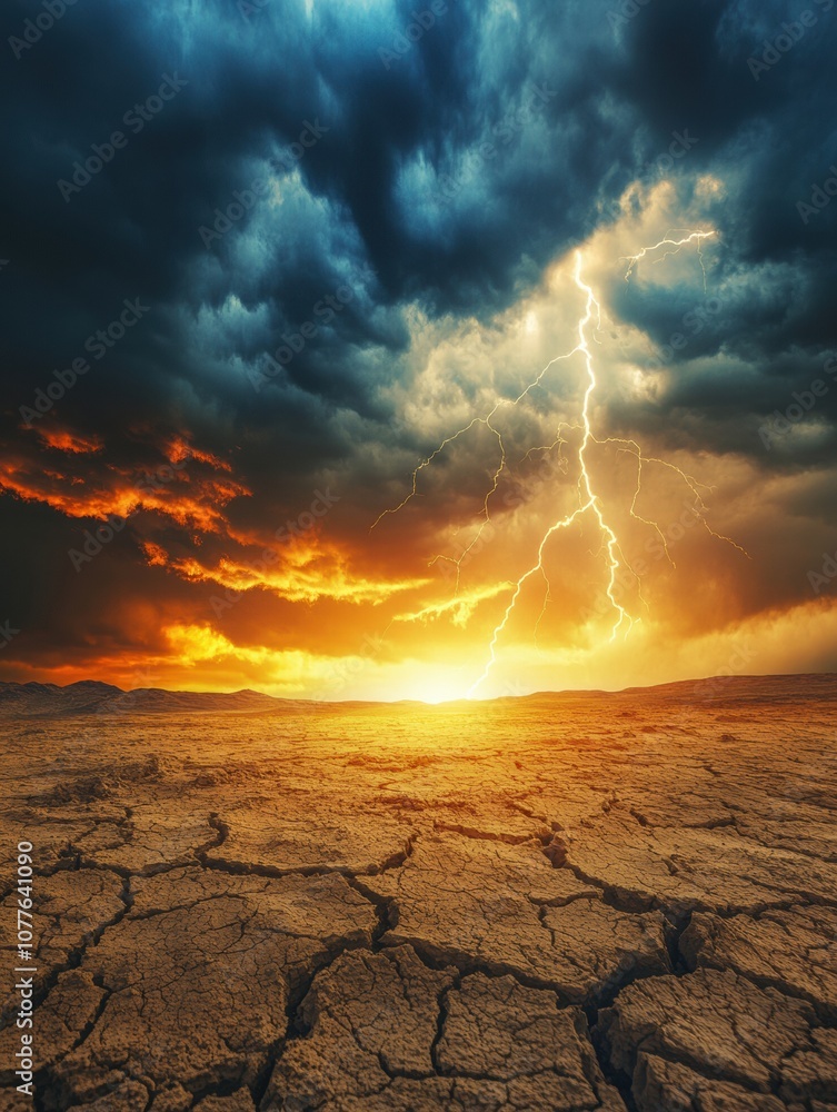 Poster dark clouds gather ominously over an arid desert, while lightning strikes amidst vibrant colors of a