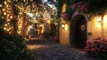 Fototapeta premium Charming Evening Street Decorated with Fairy Lights and Flowers