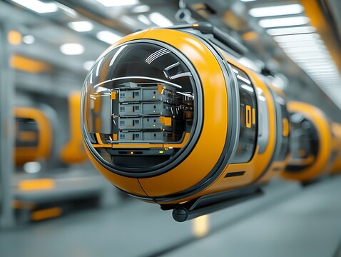 Futuristic vision of a logistics network featuring magnetic levitation cargo pods frictionless conveyance systems and holographic inventory management  The scene showcases a sleek