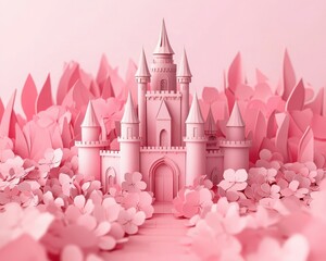 Fototapeta premium A whimsical pink castle made of paper surrounded by floral elements, creating a dreamy, fantasy-inspired scene.