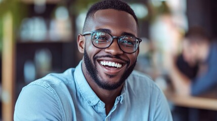 Obraz premium Joyful Young Man in Casual Attire Smiling at Camera in Modern Workspace