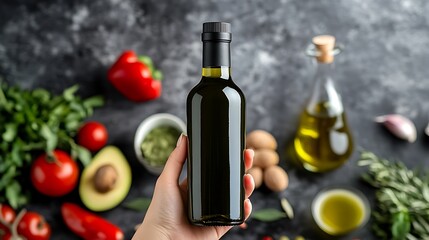 Obraz premium A hand holding a bottle of olive oil surrounded by fresh vegetables and herbs.