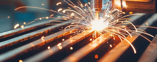 A close-up image depicting a welding process, with bright sparks flying and metal surfaces being manipulated under a focused light.