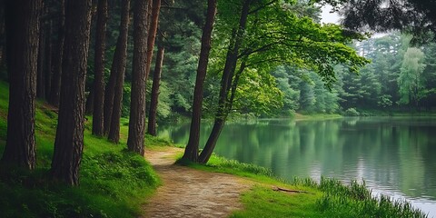 Obraz premium Forest path winding along lake edge with lush greenery
