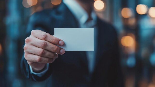 Businessman holding blank white business card in hand close up to camera, selective focus with space for your data, text or captions
