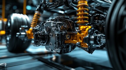 A close-up shot of a car suspension system or mechanism in a factory or workshop, leading-edge automotive technology