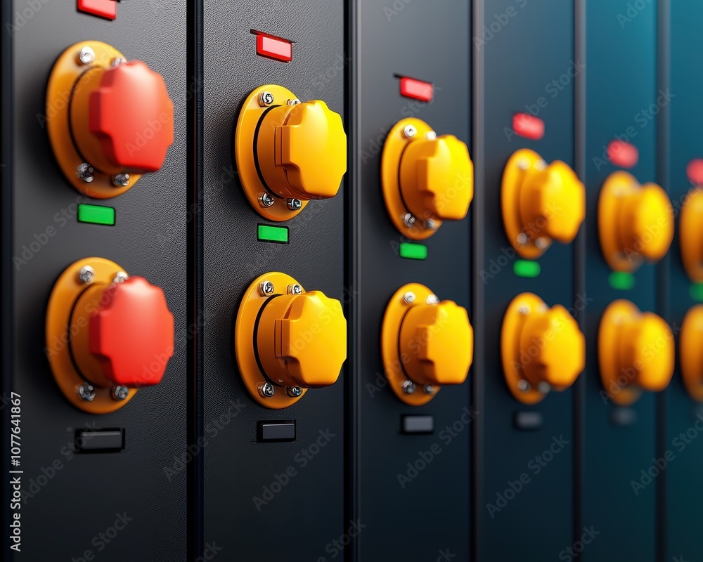 Poster an image of control panel switches featuring bright yellow and red buttons, indicating operational s