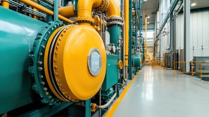 Fototapeta premium A brightly colored industrial setup featuring large machinery and piping in a well-lit, organized environment.