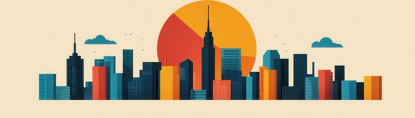 Obraz premium A vibrant city skyline illustrated against a colorful sunset, featuring iconic buildings and a whimsical design.