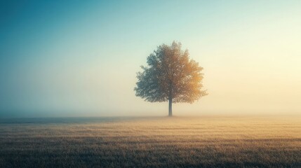 A single tree stands tall in a field of mist, bathed in the soft light of sunrise.