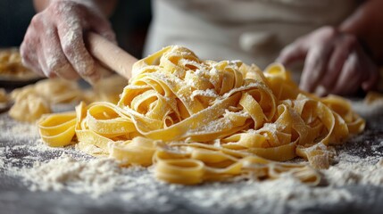 Freshly made pasta being rolled out on a floured surface.