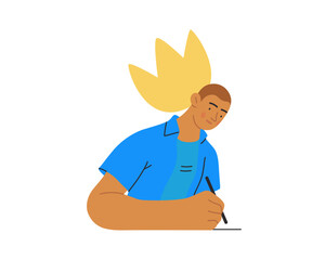 Writing people, modern flat vector concept illustration- sitting woman thoughtfully writing on paper, bubble near head Metaphor for reflection, personal insight, contemplation, creative expression