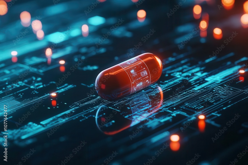 Poster a vivid, digital-themed image of a red capsule resting on a circuit board-like background, illuminat