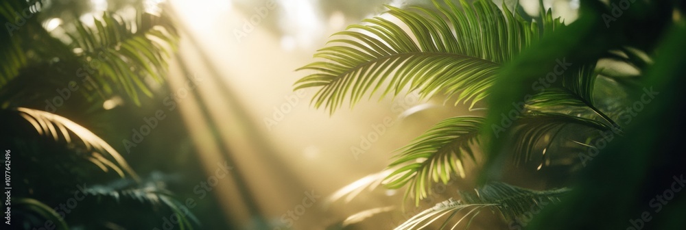 Poster Sunlight filters through dense tropical foliage, creating dappled patterns on lush green leaves as morning light enhances the tranquil atmosphere. Generative AI