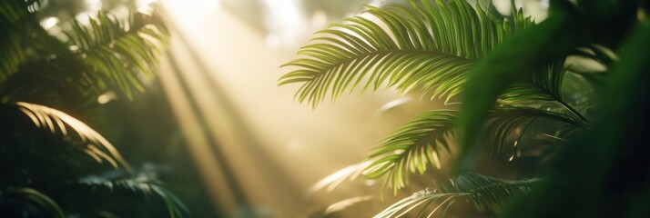 Fototapeta premium Sunlight filters through dense tropical foliage, creating dappled patterns on lush green leaves as morning light enhances the tranquil atmosphere. Generative AI