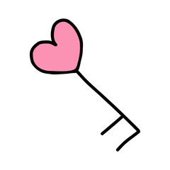 Heart shaped key in doodle style isolated on white. Cute hand drawn heart key, perfect for representing love and romance on Valentine's Day. Heart key design for gifts decorations celebrating love
