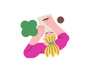 Writing people, modern flat vector concept illustration- sitting woman thoughtfully writing on paper, bubble near head, top view. Metaphor for reflection, insight, contemplation, creative expression