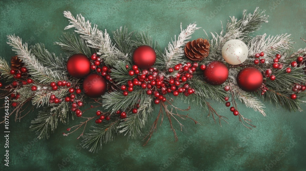 Aufkleber a green garland with snow-dusted pine branches and red berries is decorated with red ornaments and a